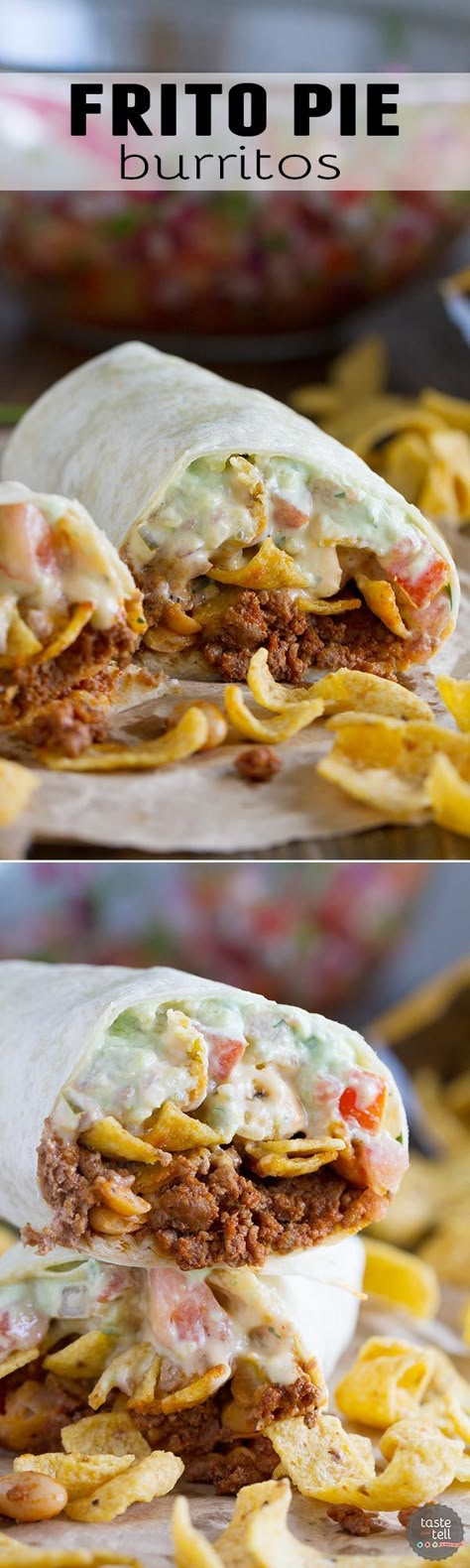 Frito Pie Burrito - Taste and Tell Frito Pie Burrito, Green Chile Queso, Frito Chili, Taste And Tell, Resep Pasta, Avocado Creme, Frito Pie, Avocado Cream, Tacos And Burritos