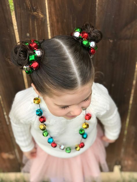 Festive Hairstyles Christmas Kids, Christmas Hair Buns For Kids, Christmas Hair Crazy, Christmas Hair Dos For Kids, Christmas Hair Toddler Girl, Christmas Crazy Hair Day Short Hair, Kids Whoville Hair, Christmas Hair Bun, Christmas Hair Short