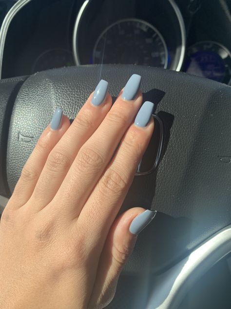 Short and natural coffin nails. Light blue Grey color :) Blue Gray Acrylic Nails Coffin, Light Nail Colors Acrylic, Blue Grey Nails Acrylic, Light Blue And Grey Nails, Grey Blue Acrylic Nails, Gray Blue Nails Acrylic, Grey Coffin Nail Ideas, Blueish Gray Nails, Light Blue Natural Nails