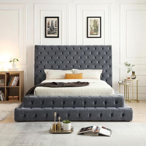 Thick, velvet upholstery for a luxurious feel. Overall Dimension: King – 97.5” D x 100.5” W x 60” H | Queen – 97.5” D x 84.5” W x 60” H. Velvet King Size Bed, Velvet Queen Bed, Luxe Bed, Upholstery Bed, Full Platform Bed, Beautiful Bed, Queen Upholstered Bed, Tall Headboard, Luxurious Bed