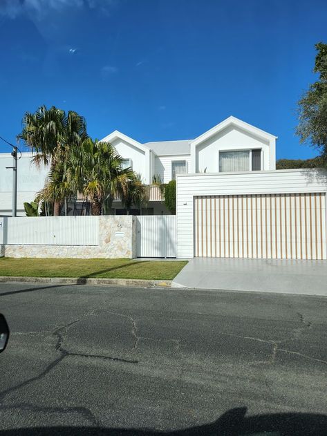 Hamptons Carport, Flat Roof Carport, Queenslander Carport Designs, Skillion Roof Coastal Home, Garage At Front Of House Australia, Shale Grey Colorbond Roof, Carport Addition, Front Fence, House Cladding