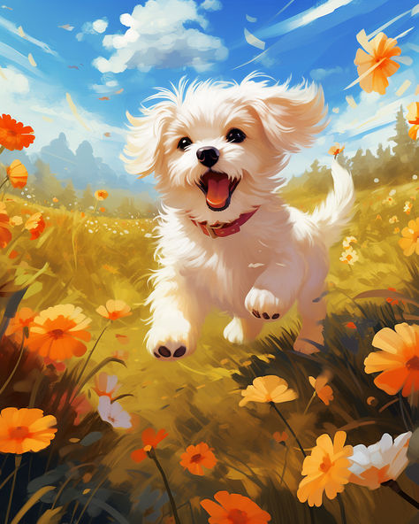 Puppy Running Drawing, Cute Dog Painting, Cute Animal Paintings, Cute Puppy Art, Dogs With Flowers, Paintings Cute, Field With Flowers, Puppy Running, Cute Dog Illustration