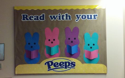 Peeps Bulletin Board, April Bulletin Boards, Elementary School Bulletin Boards, December Bulletin Boards, School Library Bulletin Boards, Easter Bulletin Boards, School Library Decor, March Reading, School Library Displays