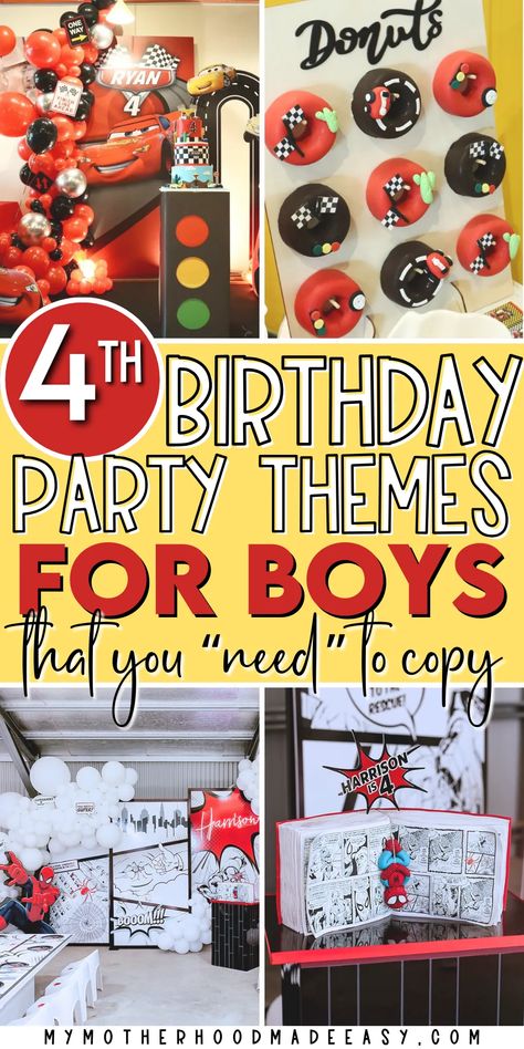 Four Year Birthday Party Ideas, Un 4 Gettable Birthday, Turning 4 Birthday Themes, 4th Boys Birthday Party Ideas, Four Themed Birthday Party Boy, Birthday Party Ideas 4 Year Boy, 4th Boy Birthday Theme, Birthday Party 4 Boy, 4 Boy Birthday Party Themes