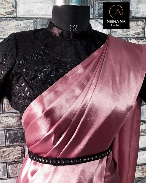 Beautiful Satin Saree with Black Sequins Blouse #Party Wear Saree Black Blouse, Pink Satin Saree, Black Sequin Blouse, Blouse Party Wear, Sequins Saree, Saree Black, Sequins Blouse, Satin Saree, Pink Saree