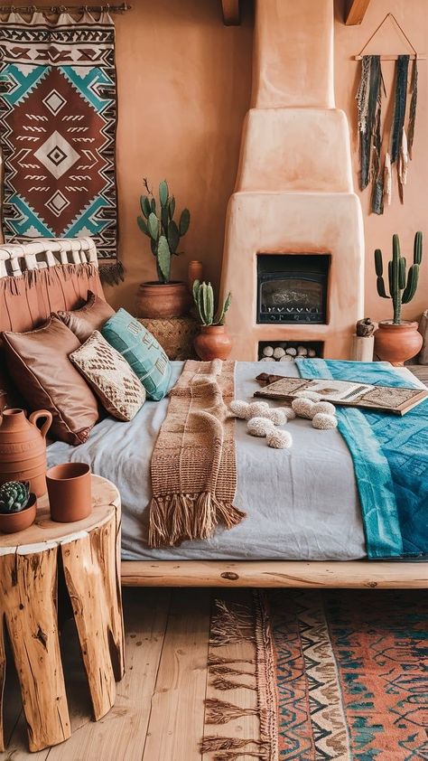 Santa Fe Living Room, Arabic Bedroom, Native American Bedroom, Southwestern Interior Design, Arizona Interior Design, Southwest Bedroom, Modern Southwest Decor, Southwestern Interior, Tapestry Headboard