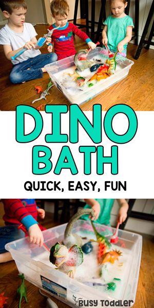 Dinosaur Bath Sensory Activity #busytoddler #toddler #toddleractivity #easytoddleractivity #indooractivity #toddleractivities #preschoolactivities  #homepreschoolactivity #playactivity #preschoolathome Dinosaur Lesson, Dinosaur Theme Preschool, Dinosaur Activities Preschool, Dinosaurs Preschool, Toddler Class, Aktiviti Kanak-kanak, Easy Toddler Activities, Sensory Activity, Toddler Sensory