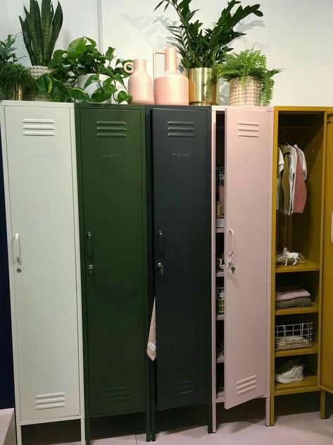 Lockers Ideas For Home, Bedroom Locker, Locker Ideas, Storage Lockers, Natural Bed, Metal Lockers, Flipping Furniture, Slate Grey, Guest Bedrooms