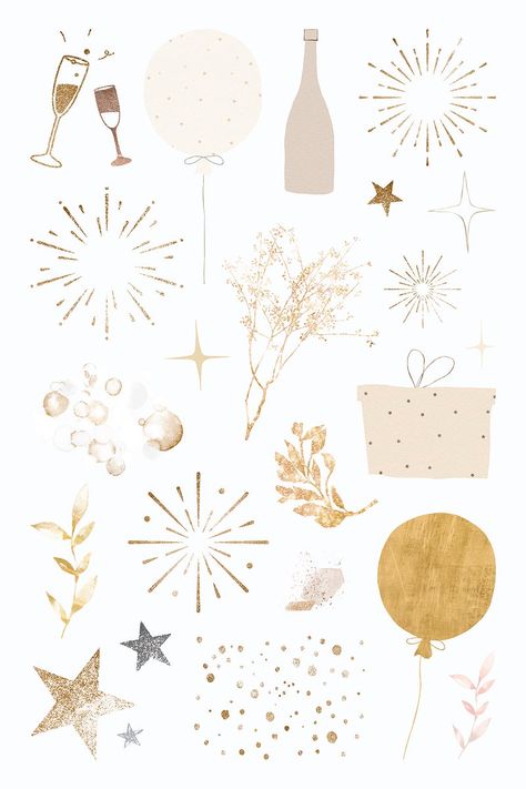 Gold Element, Happy New Year Stickers, Snow Overlay, Gold Sparkle, Christmas Stickers, Champagne Bottle, Fireworks, Premium Vector, Planner Stickers