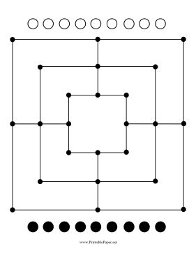 Nine Men's Morris, also known as Cowboy Checkers, is a two-person game with pieces that can be cut out and re-used. Free to download and print Nine Square Game Diy, Maze Board Game Design, Diy Checkerboard Game, Nine Man Morris Game Boards, Mirror Game, Checkers Board Game, Board Games Diy, Honey Diy, Printable Board Games