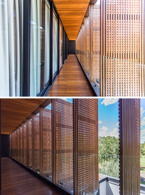 F: POLES architecture have designed the A.B Residence, a new and modern house that's located in Brazil, and features wood screens on its exterior. #WoodScreens #ModernArchitecture #ModernHouse Modern Tropical Home, House Moodboard, Solar Shading, Modern Tropical House, Tropical House Design, Timber Slats, Tropical Home, Modern Architecture Interior, Screen House