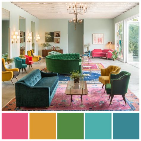 Interior Design Bold Colors, Home Color Schemes Interior Bright, Home Decor Color Schemes Colour Palettes Interior Design, Bright Living Room Ideas Colour Schemes, Room Color Palette Ideas, Colorful Living Room Bright, Bright Colour Palette, Highland Park Los Angeles, Large Living Room Layout