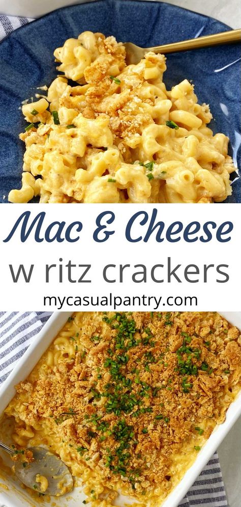 casserole dish of mac n cheese and a plate of mac and cheese. Cracker Barrel Macaroni And Cheese Baked, Homemade Mac And Cheese Recipe Baked With Ritz Crackers, Homemade Mac And Cheese Recipe With Ritz Crackers, Ritz Cracker Mac And Cheese Recipe, Cracker Topping For Casseroles, Baked Mac And Cheese Ritz Crackers, Mac And Cheese Recipe Ritz Crackers, Macaroni And Cheese With Ritz Crackers, Mac N Cheese With Ritz Crackers