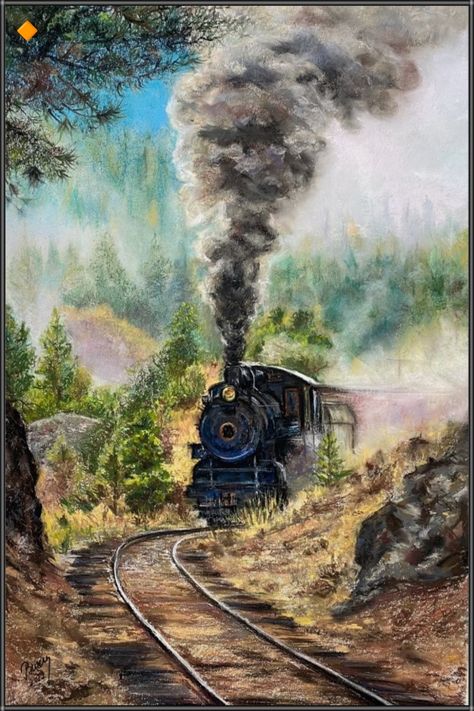 Train Artwork, Train Locomotive, Train Drawing, Mountains Beautiful, Locomotive Train, Watercolor Scenery, Railroad Art, Ganesh Art Paintings, Different Forms Of Art