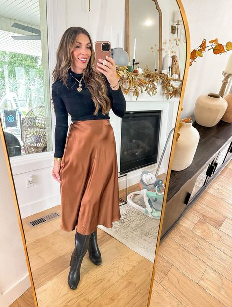 Zeagoo Womens Satin Skirts Casual … curated on LTK Satin Midi Skirt Outfits Fall, Satin Skirt Outfit Fall, Styling A Midi Skirt, Skirt With Knee High Boots, Sweater Boots Outfit, Fall Midi Skirt Outfit, Satin Midi Skirt Outfits, Skirt Boots Outfit, Midi Skirt Outfit Fall