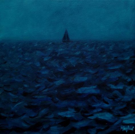 Original fine art painting by Martin Packford (United Kingdom). This one-of-a-kind acrylic on canvas painting measures 11.8W x 11.8 H inches. The seascape painting ships in a box directly from the artist's studio and is covered by the 14-day satisfaction guarantee from Saatchi Art, so you can buy with confidence. Deep Sea Aesthetic Dark, Dark Ocean Painting, Night Aesthetic Art, Dark Blue Painting, Night Sailing, Boat Night, Ships In The Night, Dark Blue Art, Storm Waves