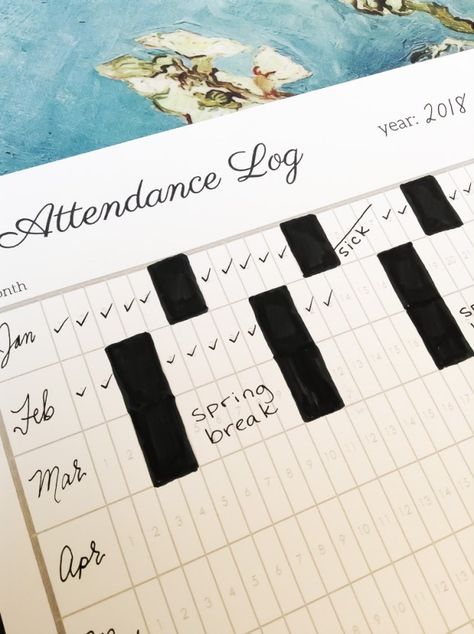 The EASY Solution for Homeschool Attendance Records   Free Tracker – The Homeschool Resource Room School Bullet Journal, Homeschool Attendance, Homeschool Apps, Attendance Tracker, Class Timetable, Essay Planner, Bullet Journal Spreads, Resource Room, Homeschool Kindergarten