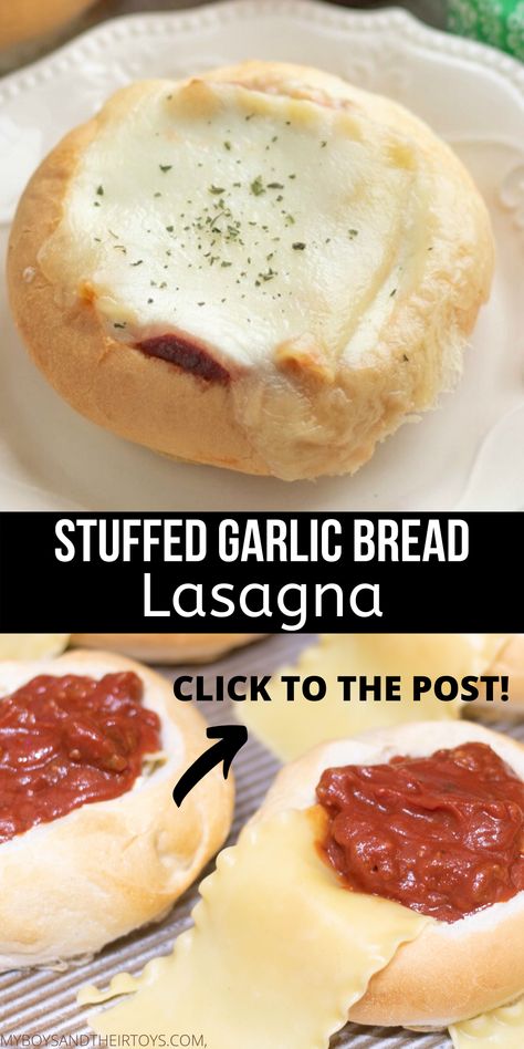 Best Bread To Serve With Lasagna, Pasta Bread Bowls, Lasagna Bread Bowls, Pasta Stuffed Bread, Lasagna Bread Bowl Recipe, Garlic Bread Stuffed Lasagna, Lasagna Bread Boat, Garlic Bread Lasagna Stuffed Crust Dip, Lasagna Stuffed French Bread