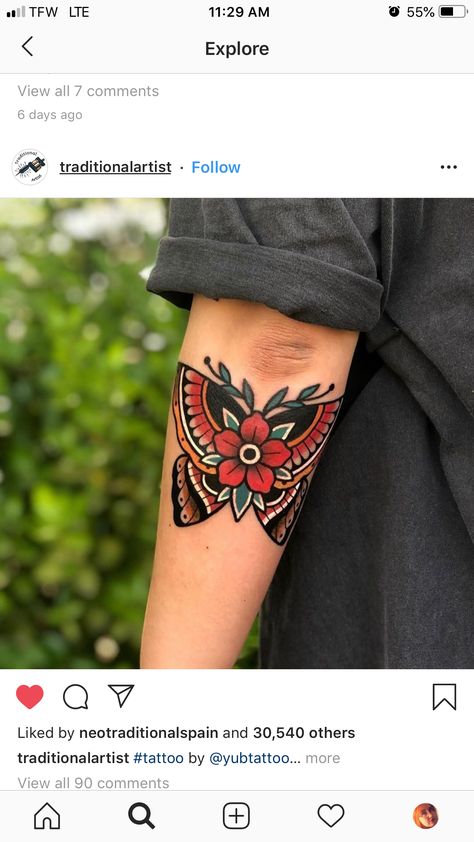 Traditional Thigh Tattoo, Traditional Butterfly Tattoo, Polynesian Tattoos Women, Traditional Tattoo Flowers, Traditional Style Tattoo, Traditional Tattoo Sleeve, Elbow Tattoos, Moth Tattoo, Old School Tattoo Designs