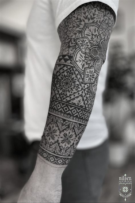 Kirk Nilsen | Black work tattoos Tato Mandala, Dotwork Tattoo Mandala, Slavic Tattoo, Indian Tattoo Design, Mandala Tattoo Sleeve, Geometric Mandala Tattoo, Geometric Sleeve Tattoo, Folk Pattern, Forearm Band Tattoos