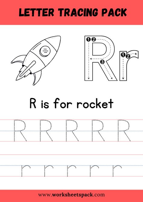 R is for Rocket Coloring, Free Letter R Tracing Worksheet PDF - Printable and Online Worksheets Pack R For Rocket, Letter R Tracing, Letter N Printable, R Is For Rocket, Letter H Worksheet, Rocket Coloring, Letter N Worksheet, Prek Ideas, Sight Word Sentences