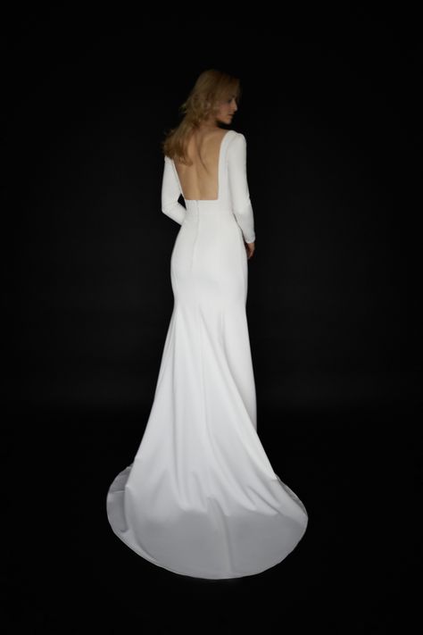 Minimalist square neck wedding dress in a fitted silhouette with a subtle mermaid skirt, open square back, long train, classic long sleeve Fabric: heavy stretch crepe Wedding Dress Square Neckline, Square Neck Wedding Dress, Wedding Dress Minimalist, Modern Mermaid, Wedding Dress Modern, Long Sleeve Mermaid Wedding Dress, Simple Elegant Wedding Dress, Wedding Dress Buttons, Plain Wedding Dress