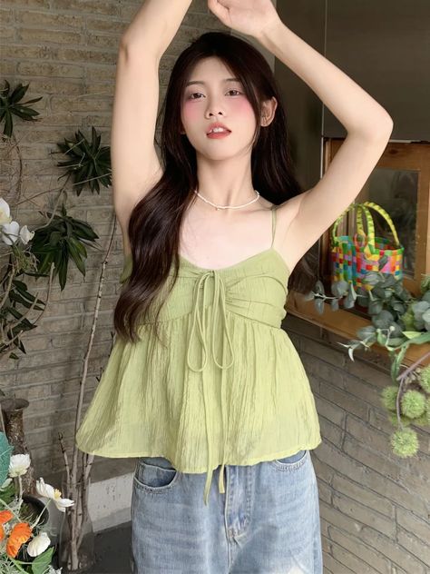 New Design Solid Camisole Chic Vintage Sexy Spring Summer Off Shoulder Tank Top Ins Casual Coquette Aesthetic Casual Outfits Summer, Casual Women Summer Outfits 2024, Cute Korean Tops, Cami Top Outfit, Ruffle Cami Top, Vietnam Clothes, Shoujo Girl, Korean Top, Tie Up Top