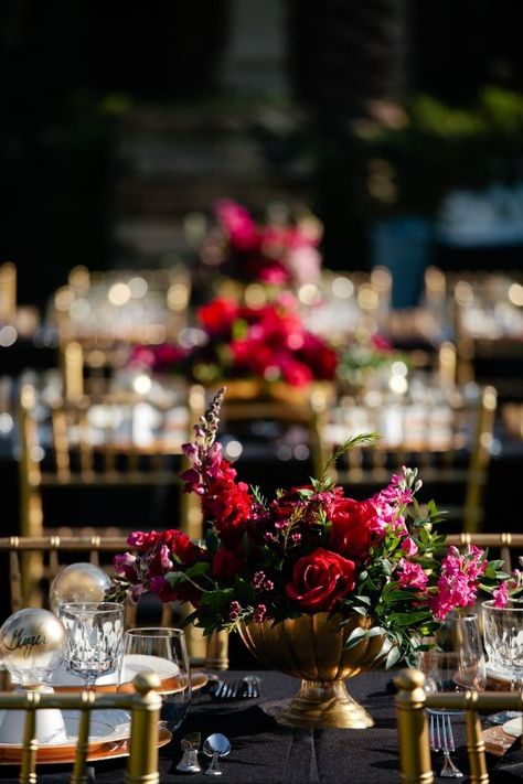 black, gold, red and fuschia wedding **base** minus the fuschia and replace with blush and white Elegant Wedding Colors, Fuschia Wedding, Rustic Table Numbers, Gold Table Numbers, Black Gold Wedding, Marsala Wedding, Jewel Tone Wedding, Moody Wedding, Wedding Decor Elegant