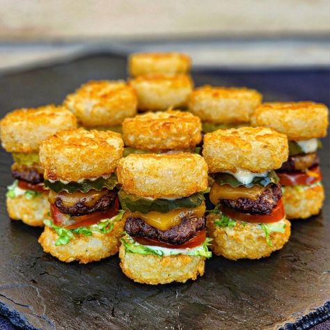 Mini Tater Tot Cheeseburgers. 🔪👨‍🍳🖤 A.k.a "Krabby Patties" 🍔 INGREDIENTS. (1)Dill-Secret Sauce🍶 (2)Dill Pickle Ovals🥒 (3)Ground… | Instagram Spongebob Party Food, Deep Fried Fair Food, Crabby Patties, 80s Food, Krabby Patty, Fair Food, Mini Burgers, Tater Tots, Secret Sauce