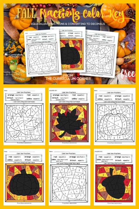 Fraction Freebie! This fall color key fractions set is like a fall color by number set for math practice. Students will work on equivalent fractions and converting to decimals with this beginning fraction practice. From The Curriculum Corner Fall Fraction Activities, Fraction Art Project, Halloween Fraction Activities, Thanksgiving Fractions, Fractions 4th Grade, Halloween Fractions, Fall Color By Number, Fraction Art, Thanksgiving Math Games