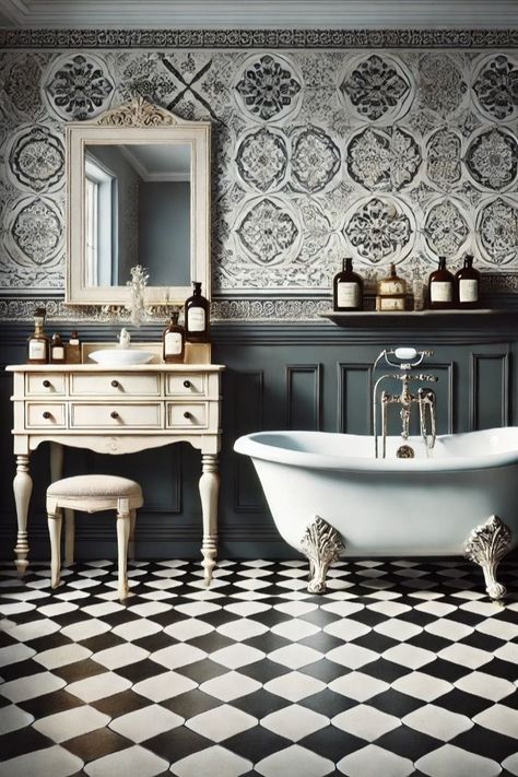 Black And White Check Floor Bathroom, Green Bathroom Checkered Floor, Black And White Checkered Tile Bathroom, Powder Room Checkered Floor, Black White Floor Bathroom, Black And White Bathroom Floors, Checker Floor Bathroom, Bathroom With Checkered Floor, Black And White Floor Bathroom