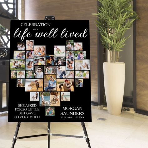 Life Well Lived Heart Shaped Photo Collage Funeral Foam Board | Zazzle Picture Display Ideas For Celebration Of Life, Simple Celebration Of Life Ideas, Fun Celebration Of Life Ideas, Memorial Diy Ideas, Memorial Decorations, Celebration Of Life Photo Display Ideas, Celebration Of Life Food Ideas, Celebration Of Life Ideas, Memorial Service Ideas