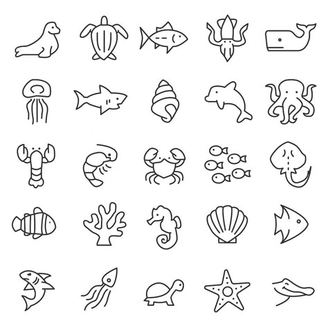 Underwater Animals Drawing, Animal Pictogram, Little Doodles To Draw, Doodles Nature, Animals Icon, Fish Outline, Vector Tattoo, Vector Animals, Summer Drawings