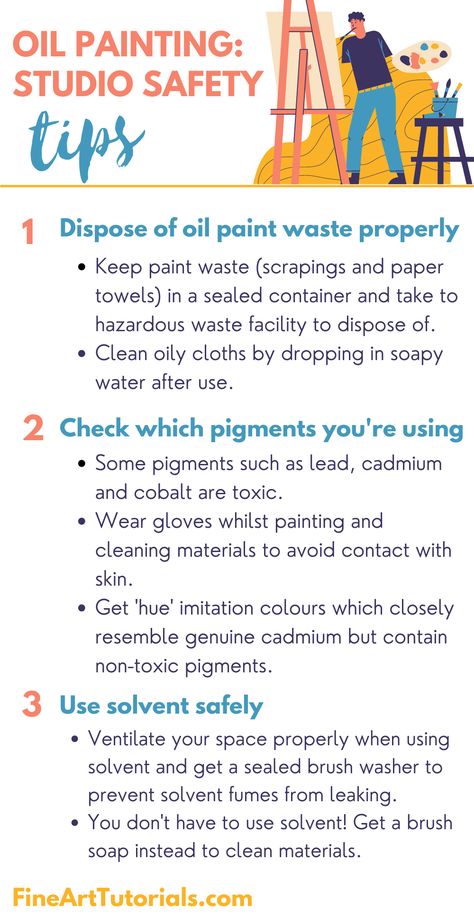 Part of acquiring oil painting as a skill is learning how to use the materials in a safe manner. Like any skill it takes some effort to get right. However, once you’ve been painting for a while, maintaining your materials will feel intuitive. #oilpainting #artstudio #studiosafety #oilpaint #oilpainter #studiosafety #artblog #arttips #arttutorials #professionalartist #beginnerart #learnart #artlesson Oil Painting Tips And Tricks, Toxic Painting, Oil Painting Studio, Oil Painting Basics, Learn Oil Painting, Painting Basics, Painting Steps, Diy Safety, Artist Tools