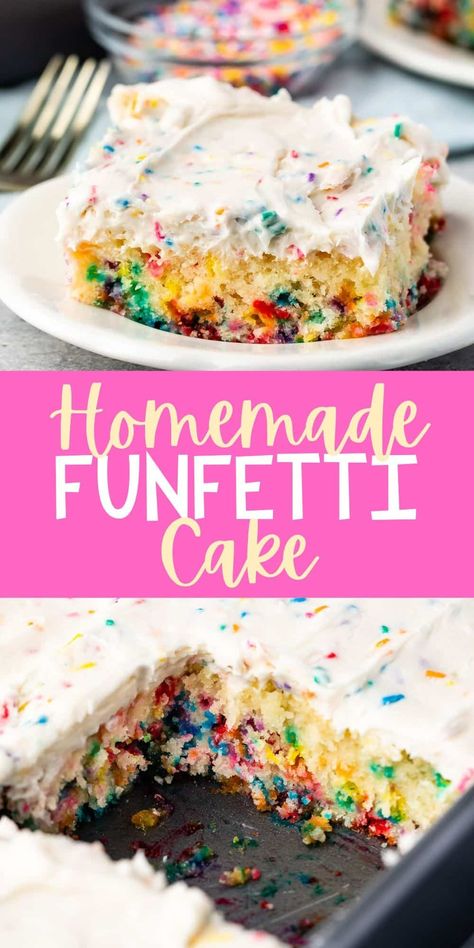 This is the BEST Homemade Funfetti Cake Recipe - a sprinkle cake with vanilla cake and confetti frosting! Best Confetti Cake Recipe, Birthday Cake Recipes Easy Homemade, Best Sheet Cake, Funfetti Dessert Recipes, Confetti Frosting, Confetti Cake Recipes, Homemade Funfetti Cake, Funfetti Cake Recipe, Sheet Cake Recipe