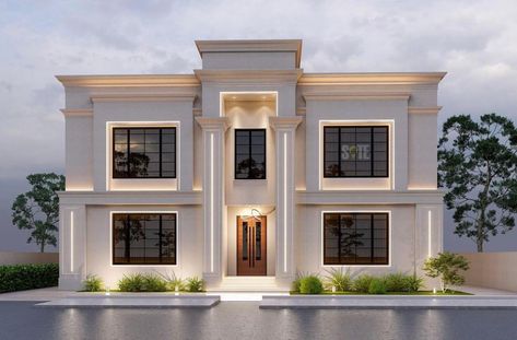 Classical House Elevation, Modern Neoclassical Architecture, Classic Villa Exterior, Luxury Mediterranean Homes, House Structure Design, Single Storey House Plans, Home Styles Exterior, Elegant Kitchen Design, Paint Color Ideas