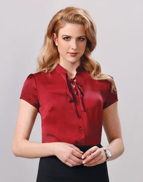 Fabric: 100% Polyester Washed Satin  Styling: 6 buttons front with tie neck, gathered shoulder top, cap sleeve School Promotion, Corporate Wear, Corporate Outfits, Work Uniforms, Women's Tie, Tie Neck Blouse, Business Shirts, Shiraz, Womens Tie