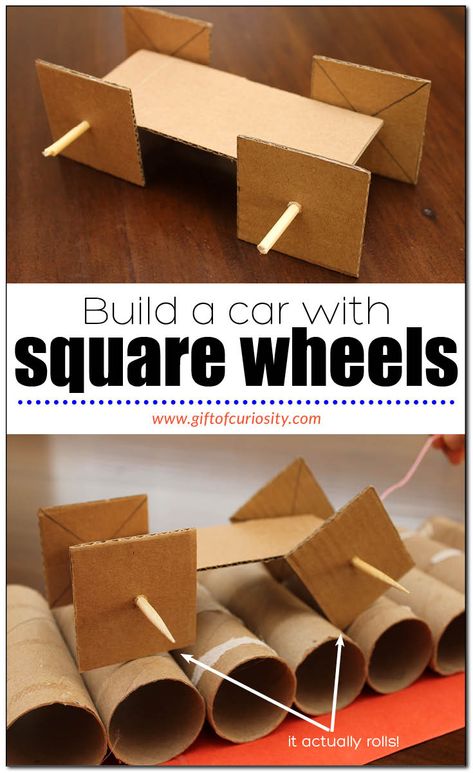 Learn how to build a car with square wheels that actually rolls! This tutorial will show you how to build a car with square wheels that rolls on a special track made from cardboard toilet paper tubes. Includes ideas for lesson plans to do this activity with kids. #STEAM #STEM #engineering #giftofcuriosity || Gift of Curiosity Cardboard Toilet, Engineering Challenges, Toilet Paper Tubes, Steam Lab, Steam Kids, Spring Science, Stem Engineering, Transportation Crafts, Transportation Preschool