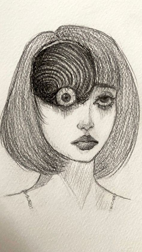 drawing of a character from junji ito’s “uzumaki” manga Uzumaki Drawing Junji Ito, Uzumaki Art Junji Ito, Drawing Ideas Pencil Sketches Aesthetic, Easy Realism Drawings, Junji Ito Drawing Sketch, Easy Manga Panels To Draw, Junji Ito Inspired Art, Junji Drawing, Grunge Art Aesthetic Drawing Easy