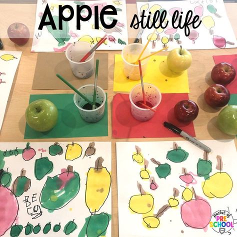 Apple still life art plus 18 more fall process art activities for preschool, pre-k, and kindergarten students. Apple Centers, Apple Lesson Plans, Apple Theme Activities, Preschool Apple Theme, September Preschool, Apple Kindergarten, Pocket Of Preschool, Apple Lessons, Apple Math