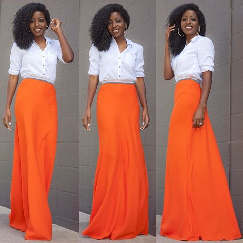 Striped Shirt x Embellished Waist Maxi. Link in bio for outfit details... Orange Maxi Skirt Outfit, Maxi Skirt Outfit Summer, Orange Maxi Skirt, Maxi Skirt Outfit, Skirt Outfit Summer, Style Pantry, Orange Outfit, Maxi Skirt Outfits, Orange Skirt