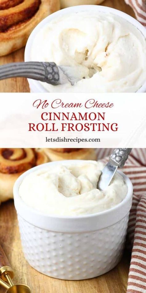 Quick Cinnamon Roll Frosting with No Cream Cheese -- Looking for a rich, creamy frosting for your cinnamon rolls that doesn’t have cream cheese? This simple recipe is the perfect solution! Made with just a few basic ingredients—softened butter, vanilla, powdered sugar, and heavy cream—it delivers a smooth, fluffy texture that spreads beautifully over warm rolls. Cinnamon Rolls Frosting No Cream Cheese, Cinnamon Roll Frosting Without Cream Cheese, Non Cream Cheese Cinnamon Roll Icing, Vanilla Glaze For Cinnamon Rolls, No Cream Cheese Cinnamon Roll Frosting, Cinnamon Rolls Icing No Cream Cheese, Frosting For Cinnamon Rolls Easy, Cinnamon Roll Frosting No Cream Cheese, Cinamon Roll Icing