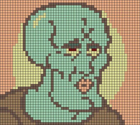 Squidward Cross Stitch, Pixel Art Characters Templates, Alpha Patterns Beginner, Cartoon Alpha Pattern, Cartoon Pixel Art Grid, Clown Alpha Pattern, Funny Pixel Art Grid, Animal Crossing Alpha Pattern, Pixel Art Pattern Cute