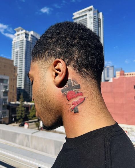 Neck Tattoo For Guys Red Ink, Red Ink Neck Tattoo Men, Small Men Neck Tattoos, Behind Ear Men Tattoo, Tattoo Ideas For Men Behind Ear, Unique Neck Tattoos For Men, God Neck Tattoo, Medium Size Tattoo For Men, Cool Neck Tattoos Men