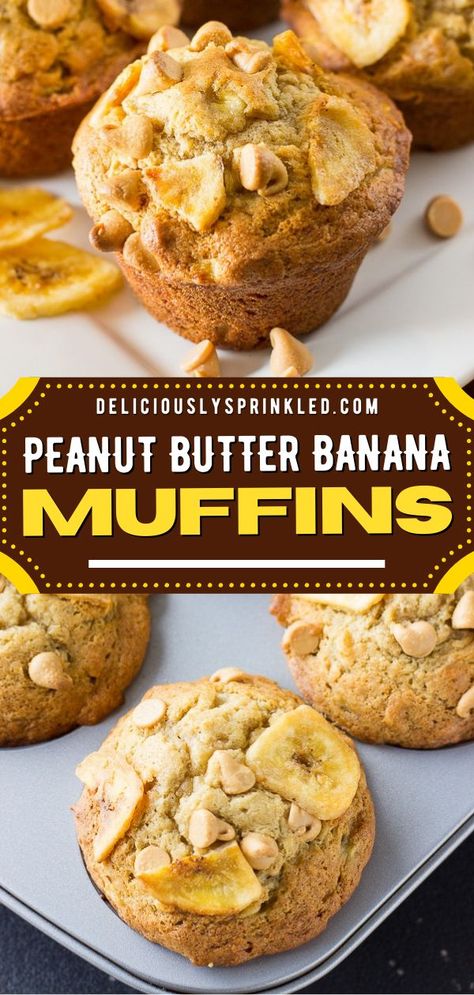 A must-try back to school recipe! It lets you have an amazing breakfast on the go. Not only do these easy homemade breakfast muffins taste like banana bread with a hint of peanut butter, but they are also topped with dried banana chips and Reese’s peanut butter chips! Banana Peanut Butter Chip Muffins, Recipes Using Dried Banana Chips, Easy Homemade Breakfast, Banana Chip Muffins, Peanut Butter Recipes Easy, Homemade Muffins Recipe, Dried Banana Chips, Banana Carrot Muffins, Peanut Butter Breakfast