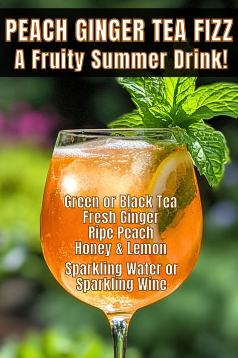 Discover a dazzling Peach Ginger Tea Fizz recipe that's a refreshing blend of sweet peaches and zesty ginger topped with sparkling water or sparkling wine for a cocktail version. This fruit infused tea drink is a perfect summer drink that's both delightful and easy to make! Sparkling Tea Recipes, Sparkling Water Cocktail, Jasmine Milk Tea Recipe, Moroccan Mint Tea Recipe, Fruity Summer Drinks, Tea Infusion Recipes, Mint Tea Recipe, Infused Tea, Ginger Beer Cocktail