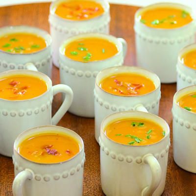 Sweet-Potato Soup with Prosciutto Crisps Prosciutto Crisps, Sweet Potato Dishes, Open House Parties, Potato Soup Recipe, Sweet Potato Soup, Tasting Party, Food Channel, Crisp Recipe, Party Buffet