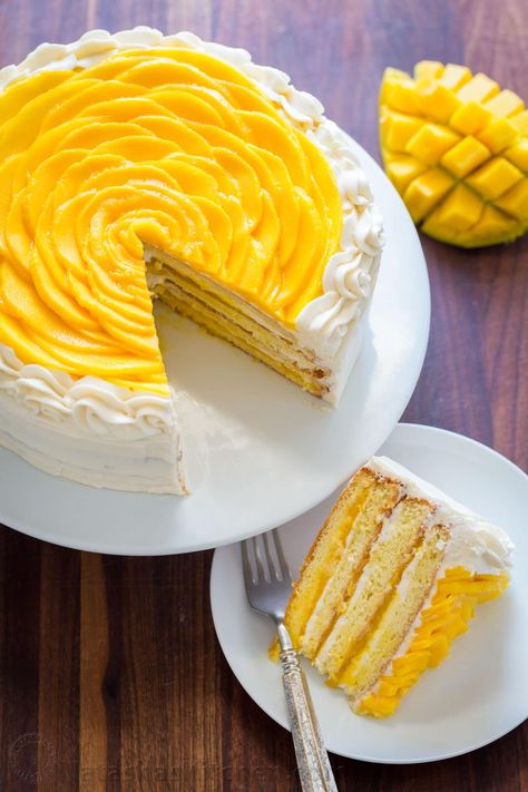 This mango cake is bursting with fresh mango flavor! An impressive, show-stopping mango cake recipe with only 9 ingredients. It is surprisingly simple. | natashaskitchen.com Elder Berry, Mango Cake Recipe, Mango Dessert Recipes, Creamy Frosting, Cultured Butter, Mango Dessert, Mango Cake, Fruitcake Recipes, Mango Puree