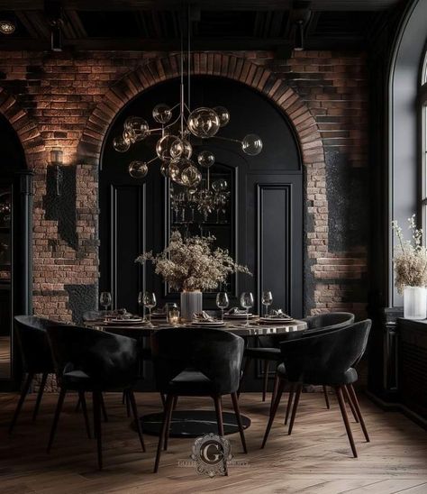 Industrial Gothic Interior, Gothic Restaurant, Dark House Aesthetic, Moody Dining Room, Dark Home Decor, Red Brick House, Gorgeous Bedrooms, Dark Home, Romantic Homes