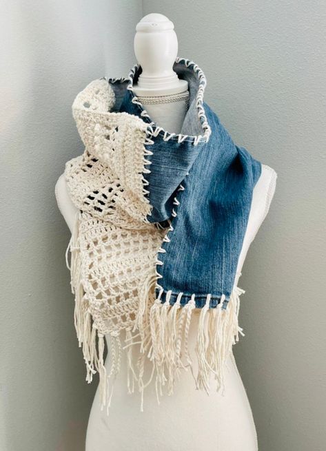 Denim Scarf, Denim Yarn, Hippie Scarf, Återvinna Jeans, Woolen Scarf, Bohemian Scarf, Denim Clothes, Bohemian Scarves, Unique Scarf